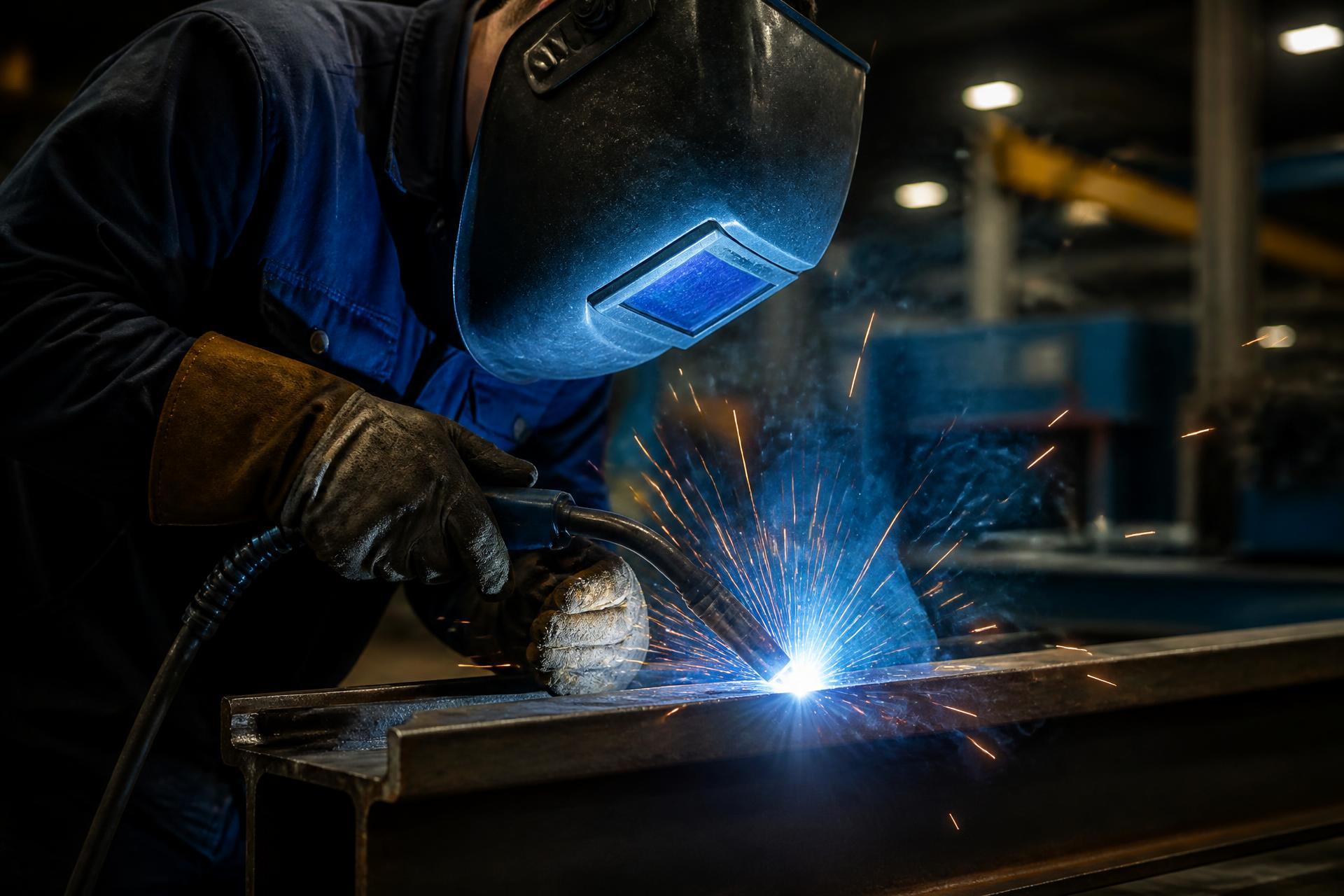 Professional welder MIG welding structural steel with sparks flying